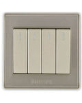 A four-button wall switch plate with cream-colored toggle switches set in a brushed silver metallic frame, featuring the PHILIPS brand name at the bottom.Supplied by Chinoy Electric