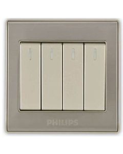 A four-button wall switch plate with cream-colored toggle switches set in a brushed silver metallic frame, featuring the PHILIPS brand name at the bottom.Supplied by Chinoy Electric