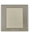 A square Philips light switch plate in a brushed silver metallic finish with a beige center panel, shown against a plain white background.Supplied by Chinoy Electric