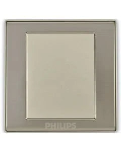 A square Philips light switch plate in a brushed silver metallic finish with a beige center panel, shown against a plain white background.Supplied by Chinoy Electric