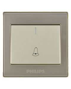 Philips wall switch panel with a brushed silver frame and a cream-colored central button plate featuring a bell  Supplied by Chinoy Electricicon.