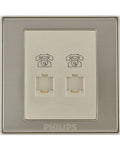 A Philips dual RJ45 network outlet wall plate in a brushed silver metal finish with a beige insert plate featuring two telephone icons above the ports.Supplied by Chinoy Electric