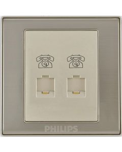 A Philips dual RJ45 network outlet wall plate in a brushed silver metal finish with a beige insert plate featuring two telephone icons above the ports.Supplied by Chinoy Electric