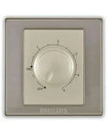 A square Philips dimmer switch plate with a silver-gray frame and a cream-colored central dial, shown against a plain white background.Supplied by Chinoy Electric