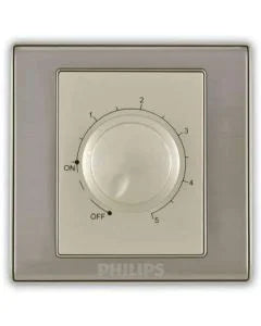 A square Philips dimmer switch plate with a silver-gray frame and a cream-colored central dial, shown against a plain white background.Supplied by Chinoy Electric
