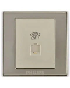 A square wall-mounted telephone jack cover plate with a central RJ45 port, branded PHILIPS at the bottom. The outer frame is a warm taupe-beige, and the inner faceplate is a light cream color with a small line-art icon of a telephone handset above the port.Supplied by Chinoy Electric