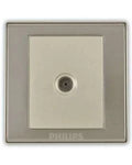 Philips wall switch plate with a brushed silver metallic finish and a central circular button, shown on a white background.Supplied by Chinoy Electric