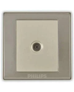 Philips wall switch plate with a brushed silver metallic finish and a central circular button, shown on a white background.Supplied by Chinoy Electric