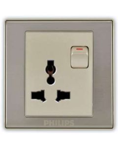 Philips three-pin UK wall socket with a single-pole switch, featuring a brushed silver metal frame and a cream-colored center panel.Supplied by Chinoy Electric