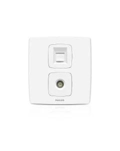 A white Philips wall-mounted duplex jack module for VoIP phones, shown against a plain white background with a subtle reflection.Supplied by Chinoy Electric