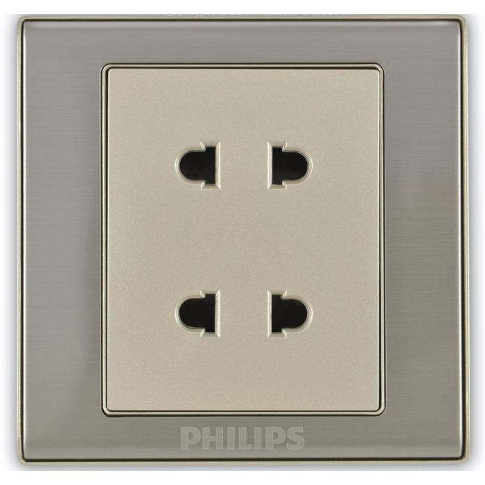 Philips brushed nickel double outlet wall switch plate with a beige center insert, shown against a plain white background.Supplied by Chinoy Electric