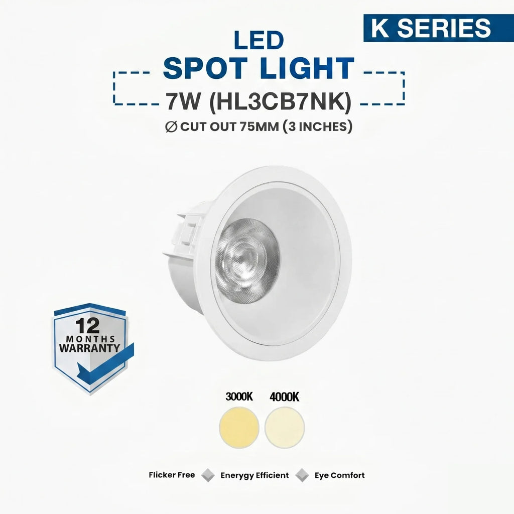 A 7W LED spot light from the K Series, shown as a white recessed downlight with a silver reflective interior. The image includes text specifications ('7W (HL3CBNK)', 'CUT OUT 75MM (3 INCHES)'), color temperature options (3000K and 4000K), a '12 MONTHS WARRANTY' badge, and feature highlights.