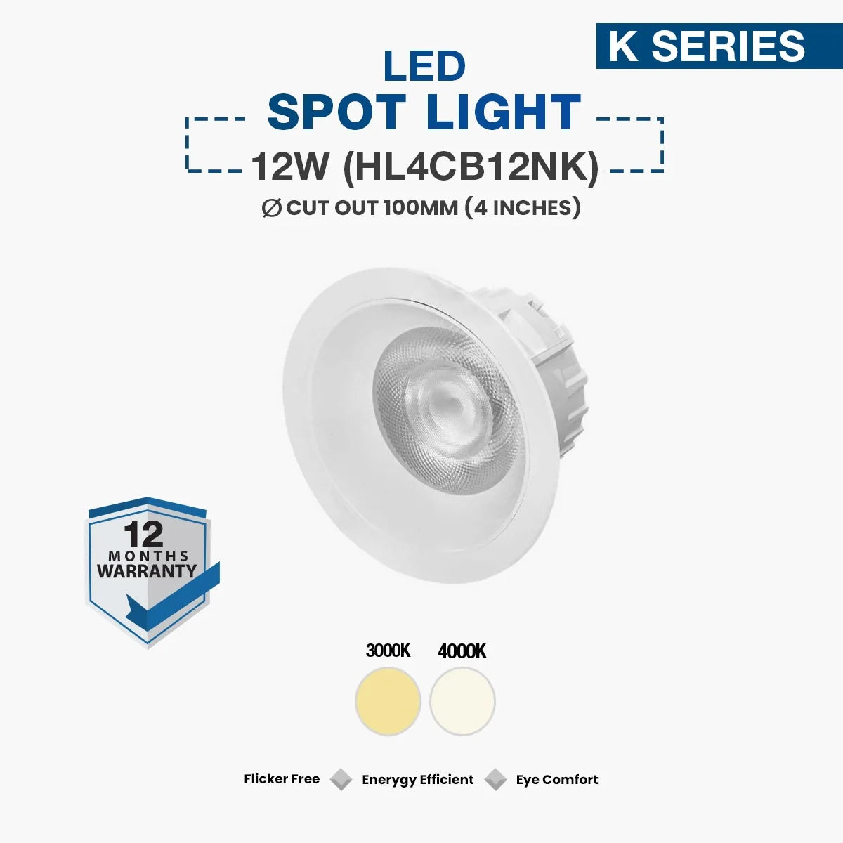 LED spot light with specifications and warranty information on a white background