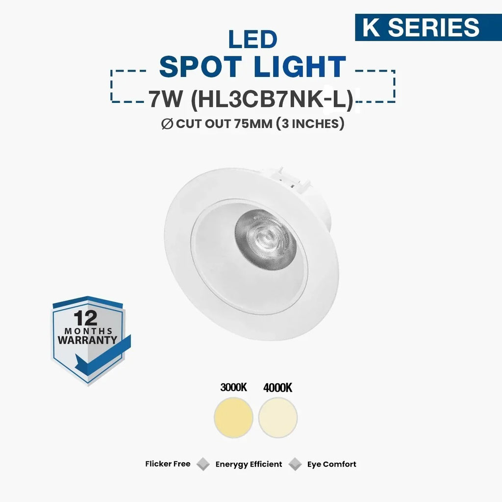 A white recessed LED spot light from the K Series, shown on a light gray background with product text, a 12-month warranty badge, and color temperature options 3000K and 4000K.
