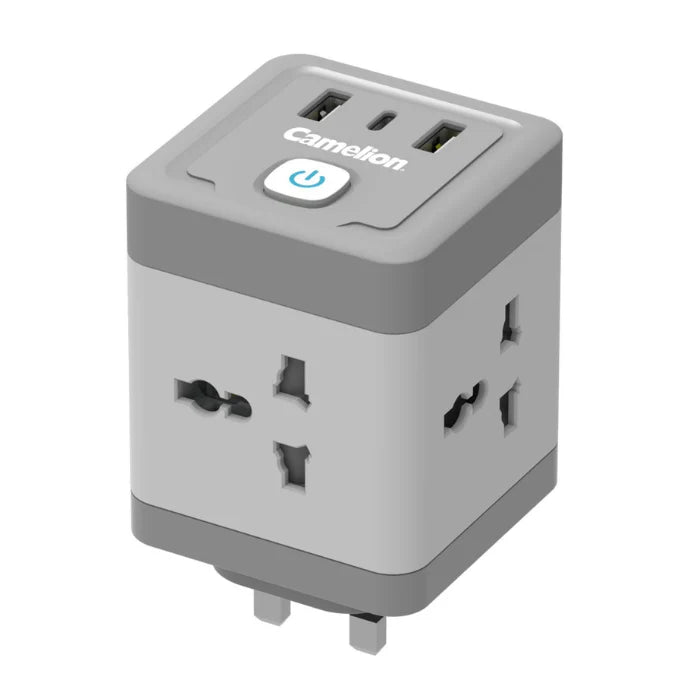 Camelion travel adapter with multiple sockets and USB ports on a white background