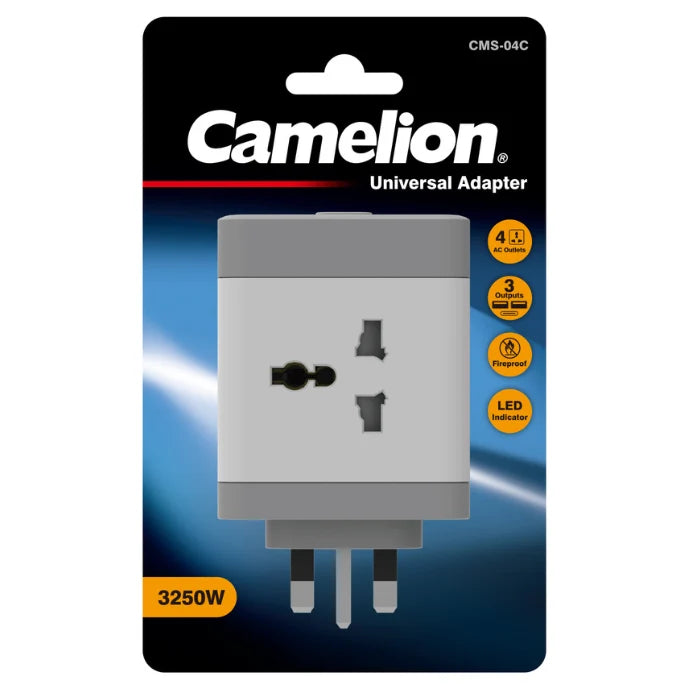 Camelion universal adapter packaging with product and branding details.