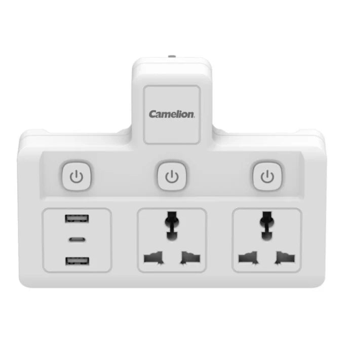 A white Camelion multi-port power adapter with three UK three-pin wall outlets, two USB-A ports, and three power buttons on a solid white background.