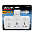 Camelion 2500W universal adapter in retail blister packaging, featuring a white multi-outlet power strip with USB-A and USB-C ports, three UK three-pin wall sockets, and a built-in power cord extender.